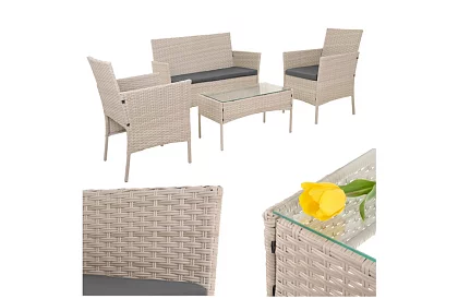 Set de mobilier de grădină – masă, canapea, 2 scaune – bej