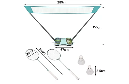 Set de badminton 4 în 1 – plasă, 2 rachete, mingi, geantă