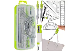 Set geometric de 10 piese – compas, riglă, raportor și materiale didactice
