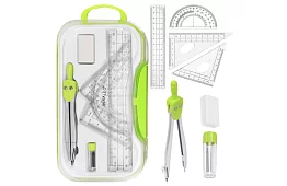 Set geometric de 7 piese – set școlar cu compas, riglă, raportor și unghiuri