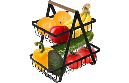Coș pentru fructe și legume - 2 etaje - coș metalic negru cu mânere din lemn