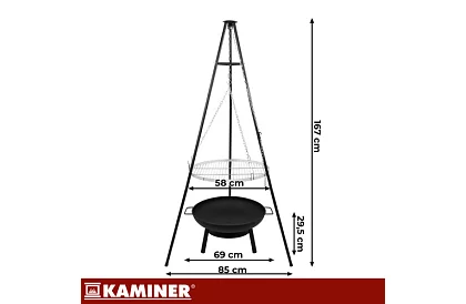 Grătar de grădină cu trei picioare și grătar suspendat de 58 cm – focar de grătar
