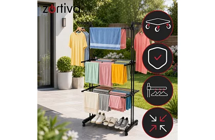 Răzătoare mare pliabilă pentru rufe cu roți - 3 niveluri, extensibilă, 178 cm