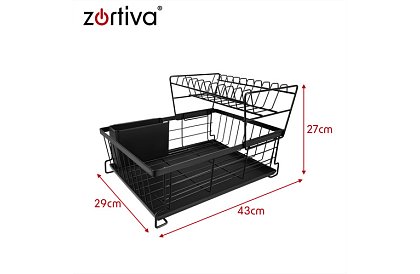 Suport pentru vase, cu două niveluri, mare de 43 cm - negru cu compartiment pentru tacâmuri
