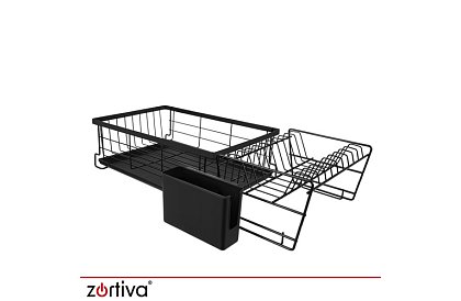 Suport pentru vase, cu două niveluri, mare de 43 cm - negru cu compartiment pentru tacâmuri