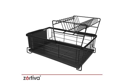 Suport pentru vase, cu două niveluri, mare de 43 cm - negru cu compartiment pentru tacâmuri