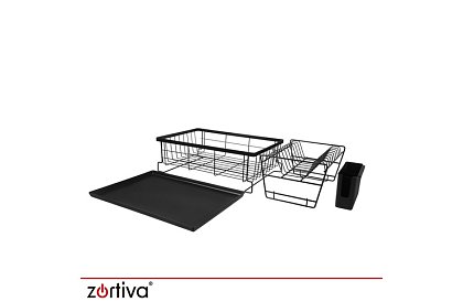 Suport pentru vase, cu două niveluri, mare de 43 cm - negru cu compartiment pentru tacâmuri