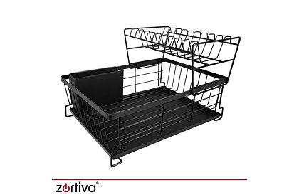 Suport pentru vase, cu două niveluri, mare de 43 cm - negru cu compartiment pentru tacâmuri