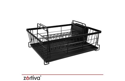 Suport pentru vase, cu două niveluri, mare de 43 cm - negru cu compartiment pentru tacâmuri