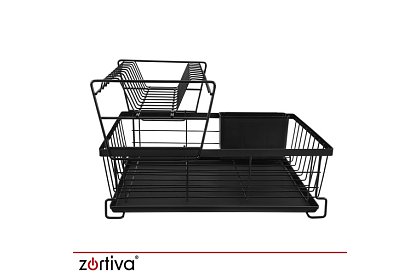 Suport pentru vase, cu două niveluri, mare de 43 cm - negru cu compartiment pentru tacâmuri