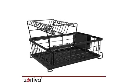 Suport pentru vase, cu două niveluri, mare de 43 cm - negru cu compartiment pentru tacâmuri