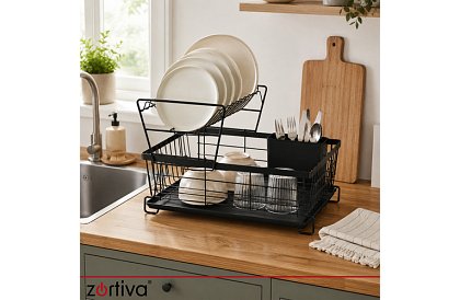 Suport pentru vase, cu două niveluri, mare de 43 cm - negru cu compartiment pentru tacâmuri
