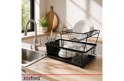 Suport pentru vase, cu două niveluri, mare de 43 cm - negru cu compartiment pentru tacâmuri