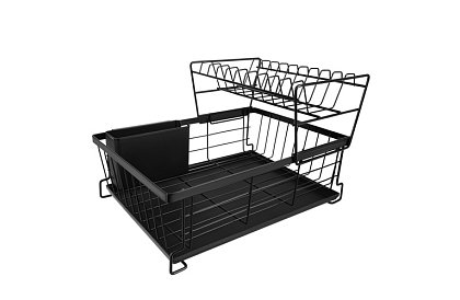 Suport pentru vase, cu două niveluri, mare de 43 cm - negru cu compartiment pentru tacâmuri