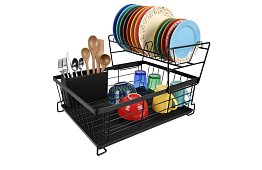 Suport pentru vase, cu două niveluri, mare de 43 cm - negru cu compartiment pentru tacâmuri