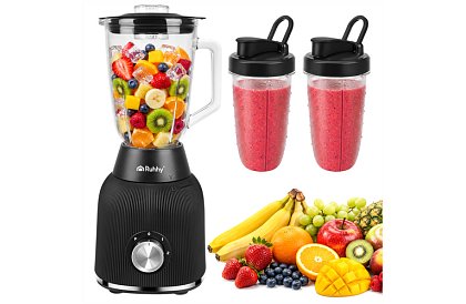 Blender din sticlă de 1200 W cu zdrobire de gheață, recipient din sticlă și 2 sticle portabile