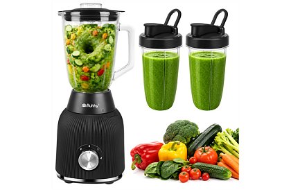 Blender din sticlă de 1200 W cu zdrobire de gheață, recipient din sticlă și 2 sticle portabile