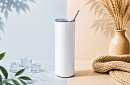 Cana termică de călătorie cu pai 590 ml – alb minimalist