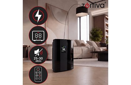 Dezumidificator de aer Zortiva 90 W, 2 l, higrometru, temporizator, telecomandă – negru