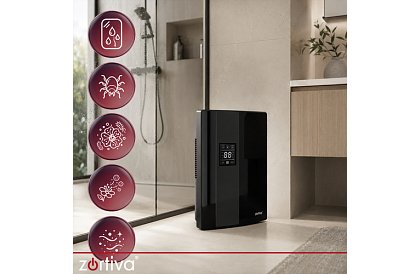 Dezumidificator de aer Zortiva 90 W, 2 l, higrometru, temporizator, telecomandă – negru