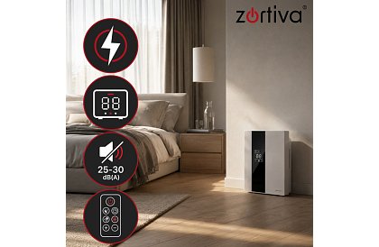 Dezumidificator de aer Zortiva 90 W, 2 l, higrometru, temporizator, telecomandă - alb