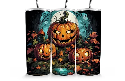 Cana termică de călătorie cu pai 590 ml – Dovleci de Halloween în pădure 03