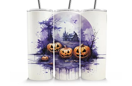 Cana termică de călătorie cu pai 590 ml – Casă bântuită de Halloween și dovleac 04