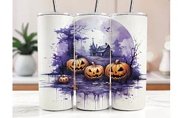 Cana termică de călătorie cu pai 590 ml – Casă bântuită de Halloween și dovleac 04