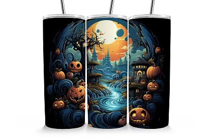 Cana termică de călătorie cu pai 590 ml – Peisaj de Halloween cu dovleci și râu 05