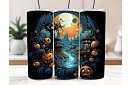 Cana termică de călătorie cu pai 590 ml – Peisaj de Halloween cu dovleci și râu 05