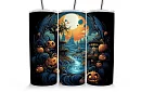 Cana termică de călătorie cu pai 590 ml – Peisaj de Halloween cu dovleci și râu 05