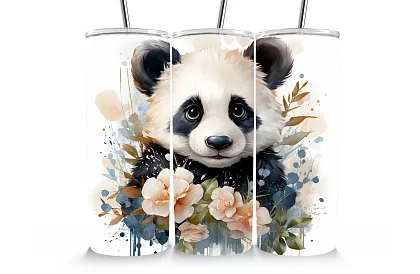 Cana termică de călătorie cu pai 590 ml – Panda drăguță și flori 09