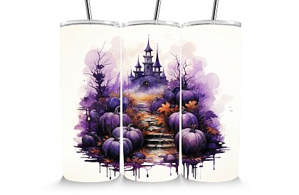 Cana termică de călătorie cu pai 590 ml – Castelul violet de Halloween cu dovleci 17