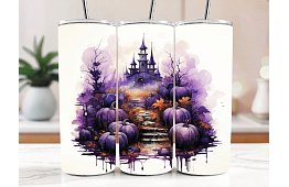 Cana termică de călătorie cu pai 590 ml – Castelul violet de Halloween cu dovleci 17