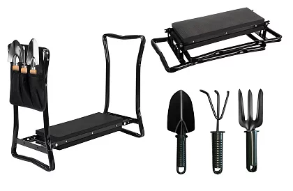 Bancă de grădină pliabilă 3 în 1 – genunchieră, bancă și organizator cu unelte