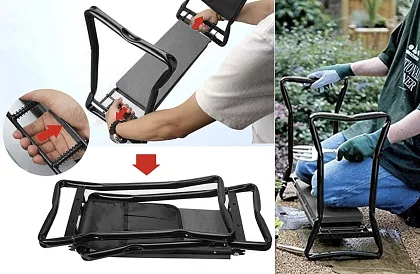 Bancă de grădină pliabilă 3 în 1 – genunchieră, bancă și organizator cu unelte