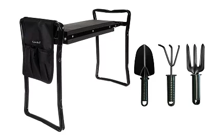Bancă de grădină pliabilă 3 în 1 – genunchieră, bancă și organizator cu unelte