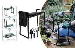 Bancă de grădină pliabilă 3 în 1 – genunchieră, bancă și organizator cu unelte