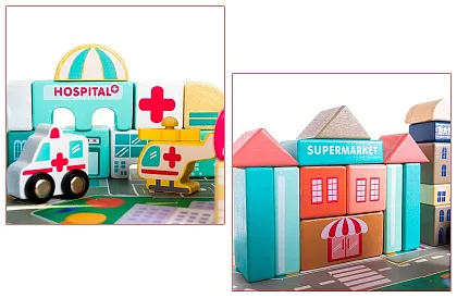 Căsuțe din lemn – Oraș 115 piese cu bază