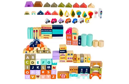 Căsuțe din lemn – Oraș 115 piese cu bază