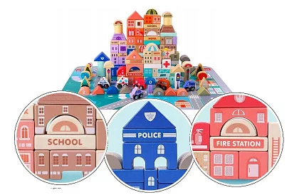 Căsuțe din lemn – Oraș 115 piese cu bază