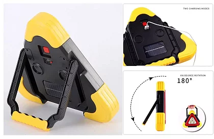 Triunghi reflectorizant LED cu lanternă, powerbank și încărcare solară