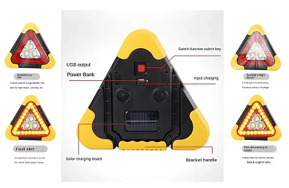 Triunghi reflectorizant LED cu lanternă, powerbank și încărcare solară