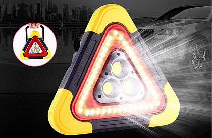 Triunghi reflectorizant LED cu lanternă, powerbank și încărcare solară