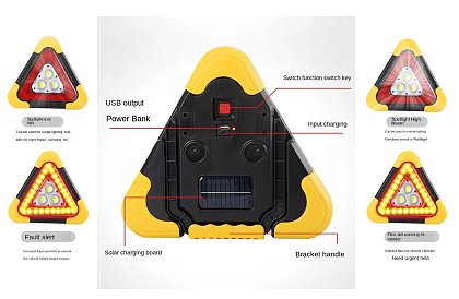 Triunghi reflectorizant LED cu lanternă, powerbank și încărcare solară