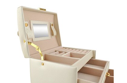 Cutie elegantă pentru bijuterii – bej cu lacăt și suprafață de satin