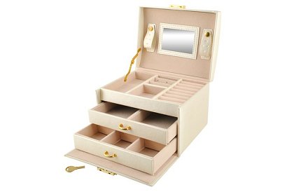 Cutie elegantă pentru bijuterii – bej cu lacăt și suprafață de satin