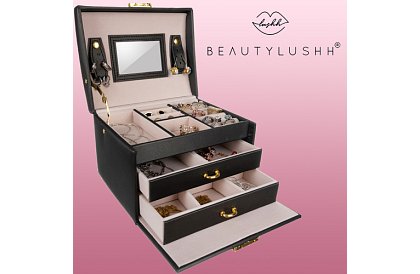 Cutie elegantă pentru bijuterii – neagră cu lacăt și suprafață de satin