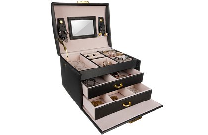 Cutie elegantă pentru bijuterii – neagră cu lacăt și suprafață de satin