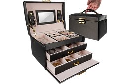 Cutie elegantă pentru bijuterii – neagră cu lacăt și suprafață de satin